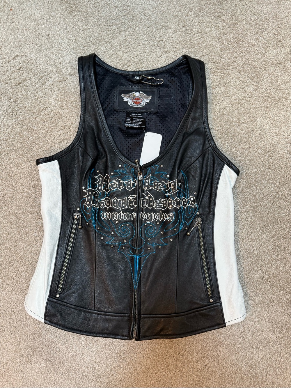 Harley-Davidson Black, White & Teal Embellished Leather Zip Vest